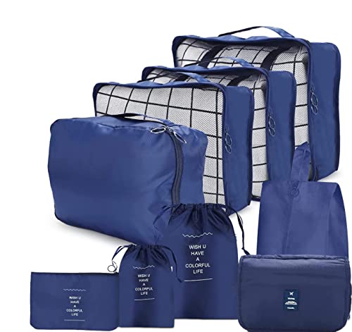 Packing Cubes Organisateur de Valise 9 Pièces, EUBSWA Sac à Vêtements Sac à Chaussures Sac à Cosmétiques Sac à Linge Voyage, Imperméable à L'eau Léger pour les Familles Voyage D'affaires Cover