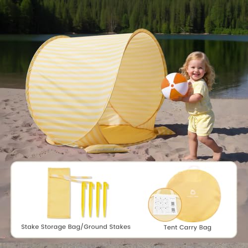 Image of Tiny Land Baby Beach Tent - Pop Up Baby Tent with UV Protection, Portable Baby Beach Essentials, 35.4 inchx27.6 inchx31.5 inch Sun Shelter for Infants, Baby Summer Outdoor Use (Pastel Yellow Stripes)