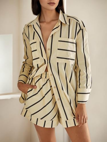Image of Tankaneo Womens Striped 2 Piece Outfits Button Down Shirts and Shorts Lounge Matching Sets