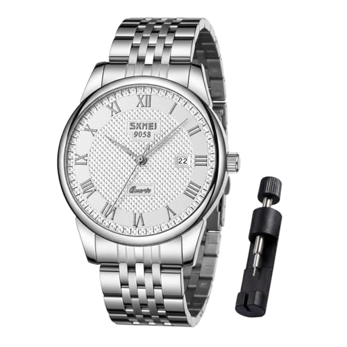 SKMEI Reloj de pulsera analógico de cuarzo para hombre, con números romanos, elegante, resistente al agua, para parejas, PlateadoStainless-SilverWhite, Men Model