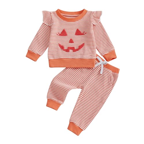 Image of Faithtur Baby Girl Halloween Outfit Cute Ruffles Waffle Pumpkin Face Sweatshirt Top and Pants Toddler Girl Fall Outfits (Orange, 12-18 Months)