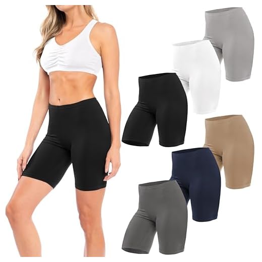 Sexy Basics Womens 6 Pack Buttery Soft Brushed Active Stretch Yoga Bike Short Boxer Briefs (6 Pack- Black/Khaki/Charcoal/Navy/ Grey/White, Medium)