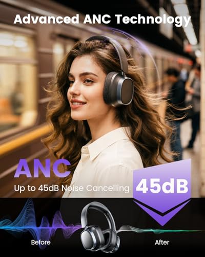 Image of Active Noise Cancelling Headphones,78H Wireless Bluetooth Headphones,Black | Over-Ear Headset,Bluetooth 6.0,Hi-Res,Low Latency,Foldable,Built-in Microphone,Ideal for Travel,Home,Office,Cellphone,PC