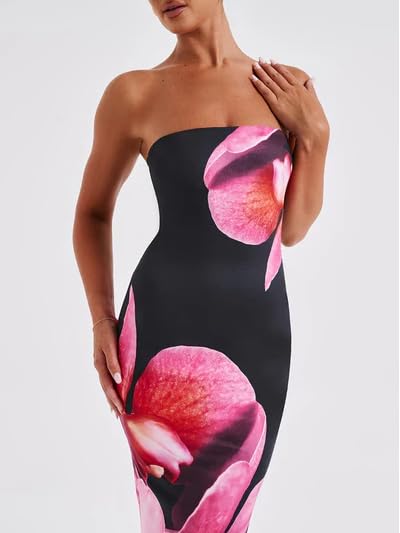 Image of Women Y2k Strapless Maxi Dress Floral Print Tube Long Dress Boho Beach Sundress Going Out Streetwear