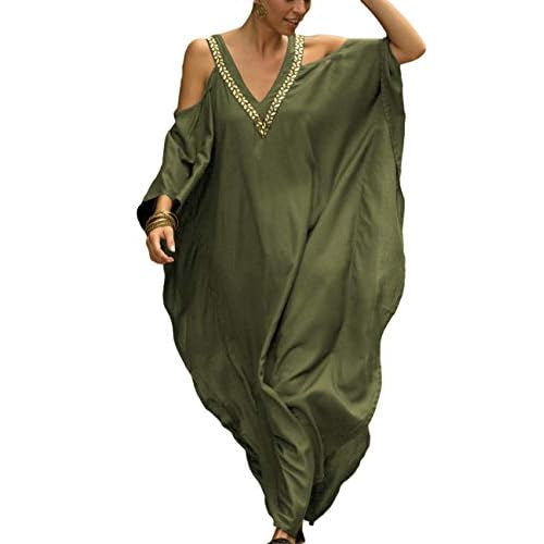 Bsubseach Turkish Cold Shoulder Kaftan Dresses Swimsuit Cover Up Maxi Dress Beach Cover Ups C-army Green