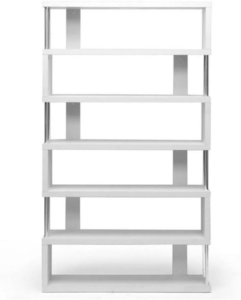 BOWERY HILL 6-Shelf Modern Engineered Wood Bookcase, White Paper Veneer, Chrome Steel Supports, 75.5" H x 43.38" W x 11.5" D, Open Shelves for Home or Office Organization