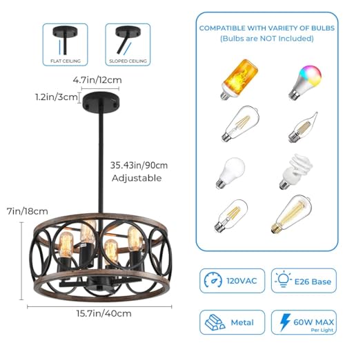 Light Fixtures Ceiling Mount,4-Lights Semi Flush Mount Ceiling Light Fixture,15.7" Black Dining Room Chandelier Rustic Drum Chandelier Pendant Light Fixture with Wood Grain Finish for Kitchen - Thumbnail 5