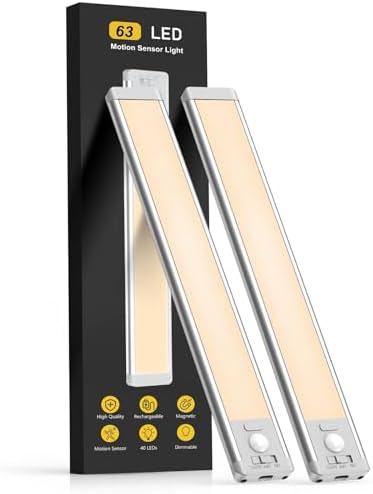 MCGOR 14.7inch Under Cabinet Lighting, 2 Pack Rechargeable Motion Sensor Light Indoor, 5 Levels Dimmable Magnetic Closet Lights, Wireless Under Counter Lights for Kitchen, Stairs,Hallway