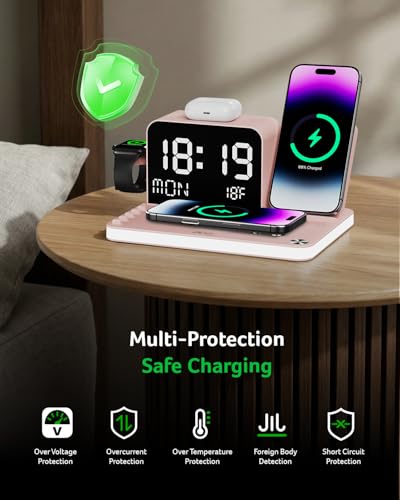 Image of Acer 7-in-1 Wireless Charging Station with LED Clock - 30W Fast Wireless Charger for iPhone 16 /15 /14 /13 /12 /Pro Max, Apple Watch, AirPods - Bluetooth Auto Time Sync & Night Lights (Pink)