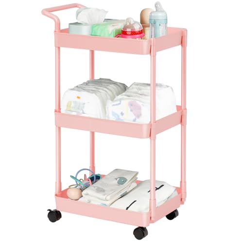 Image of Volnamal Diaper Caddy - Plastic Diaper Organizer for Nursery Essentials, Baby Organizers and Storage, Movable Cart for Changing Table & Crib, Baby Registry Search, Pink