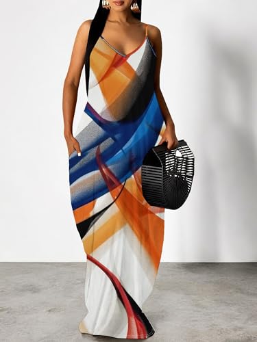 Image of Women's Summer Maxi Dress Spaghetti Strap Floral Boho Beach Long Sundress with Pockets