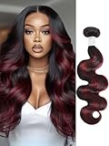 AUROO Burgundy Highlight Body Wave Single Bundles Human Hair, 10A 100% Virgin Ombre Red 99J Burgundy and Black Colored Human Hair Bundles Thick Track F1B/Burgundy Brazilian Quick Weaves Remy 16 inch