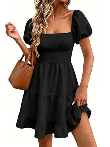 Image of Wenrine Womens Puff Sleeve Babydoll Dress Summer Floral Square Neck Smocked Casual Off Shoulder Ruffle Boho Mini Dresses