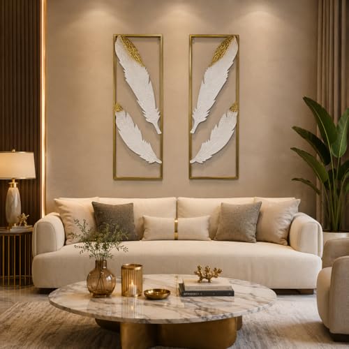 Image of iHandikart Metal Wall Art for Living Room, Set of 2 Feather Wall Decor Panels, Modern Luxury Iron Wall Sculpture, Gold White Wall Hanging for Home Decor, Bedroom, Hallway & Office, 36 * 12 inch Each