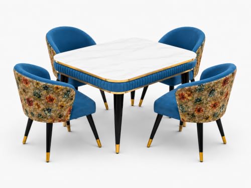 Image of WOODEN SPACE Majestic 4 Seater Wooden Dining Table Set | Urban Marble Top Dining Table with Chairs for Dining Room & Kitchen (Modern Classic Printed Blue) (54 x 36 x 30 inch)