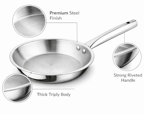 Image of Tri-Ply Stainless Steel Frying Pan with Lid 22cm | Triply Construction with Aluminium Core, Heavy Duty Skillet with Glass Lid, Riveted Handle, Induction Compatible (1.5 LTR)