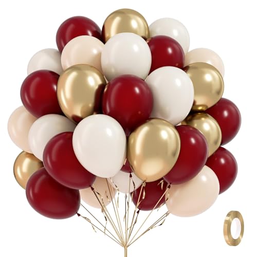 Image of 60pcs Maroon and Gold Balloons 12inch Burgundy and Gold Balloons with Sand White Nude Balloons for Wedding Bridal Shower Graduation Birthday Party Decorations