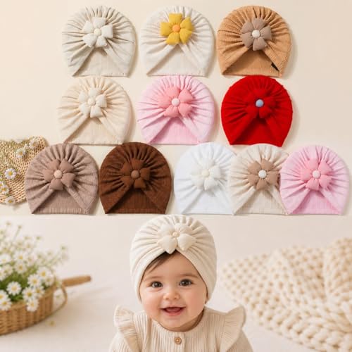 Image of 4 Pcs Baby Flower Headband Turban Hats Cotton Infant Knot Beanie for Gift Newborn Girls Boys | Soft Flower Head Wrap Baby Cap | Stretchable Toddler Kids Hat