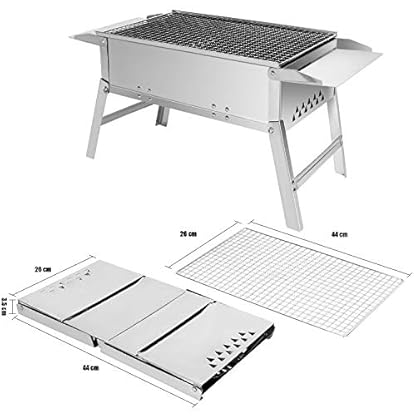 SunJas Holzkohle-Grill, faltbar, Edelstahl, Grill, Tischgrill, Picknick, tragbar, Maße 55 × 26,5 × 32 cm, Silber – Bild 3