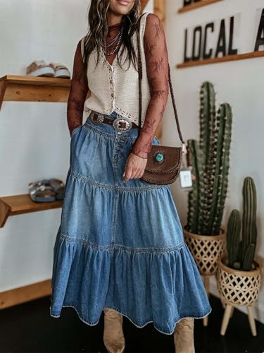 Women Ruffle Denim Long Skirt Y2K Boho High Waist Tiered Flowy Pleated A Line Jean Skirts Vintage Cowboy Maxi Skirt3