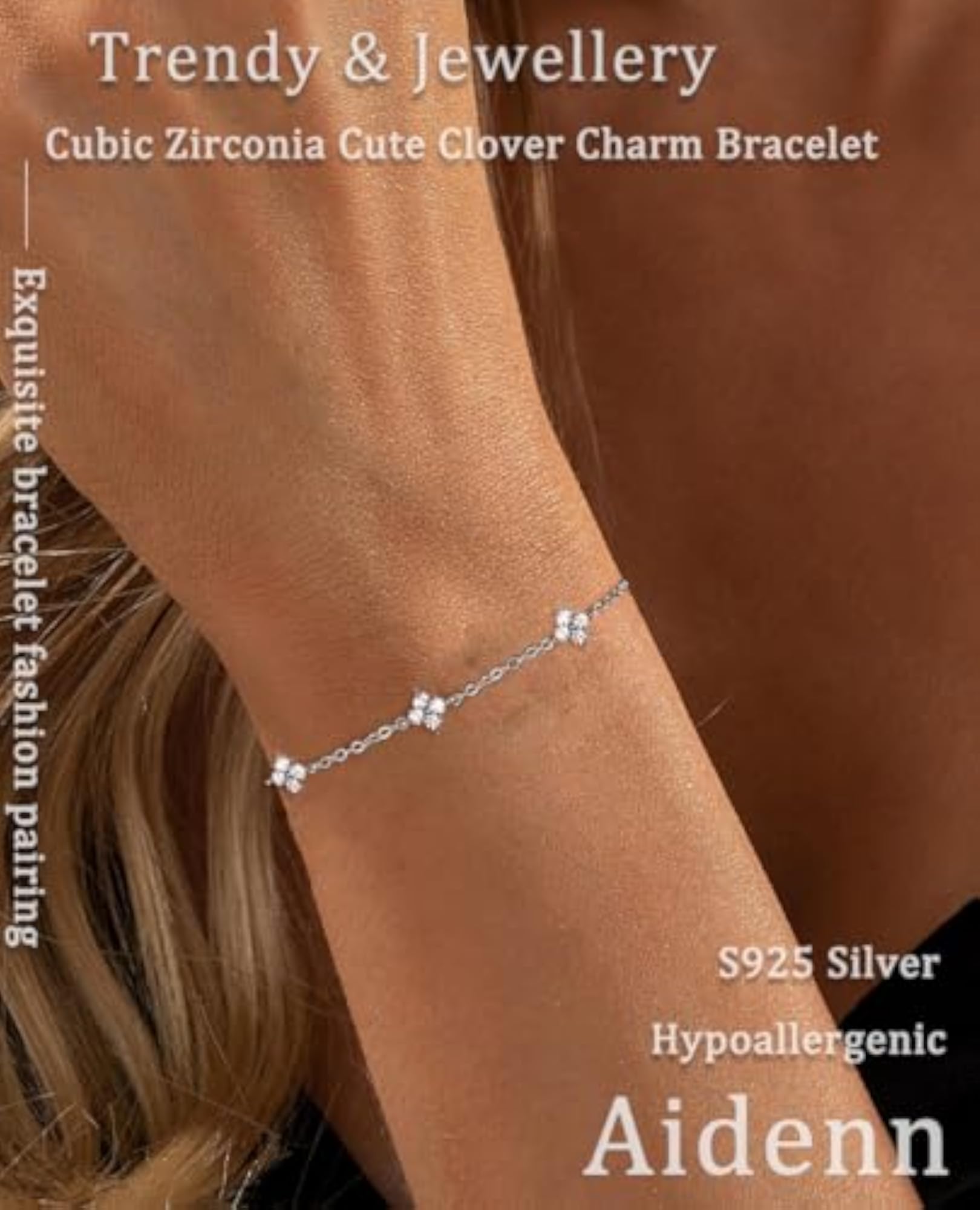 Women's 925 Sterling Silver Link Chain Bracelet with Clover Charm