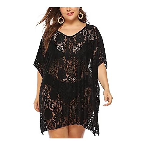 FINIZO Women's Swimsuit Beach Cover Up Lace Bikini Beachwear Plus Size Beach Bikini See Through Swimwear (4X-Large, Black) Cover
