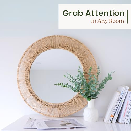 24 Inch Jute Mirror, Large Coastal Boho Round Mirror with Rustic Natural Jute Frame, Farmhouse Wall Decor Accent Handwoven for Bathroom, Bedroom, Living Room, or Entryway - Image 5