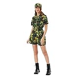 EraSpooky Camouflage Military Romper Costume for Women - Army Themed Outfit with Hat and Belt