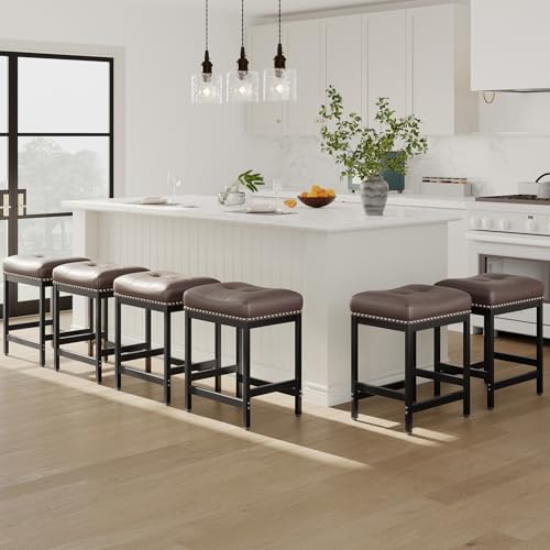 Image of MALOL Saddle Bar Stools Set of 6, 24 Inch Counter Height Backless Barstools - PU Leather Cushioned Seat, Metal Base & Footrest, Kitchen Island Breakfast Bar Chairs, Modern Brown