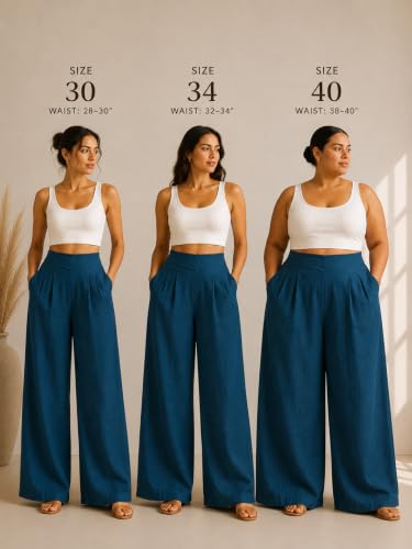 Image of Womanista Women's Relaxed Fit Pure Cotton Linen Flared Palazzo Pants for Woman | Wide Leg Casual Trouser with Pockets | Plazo pants for Women | High Waist Office & Travel Wear (Available in plus size)