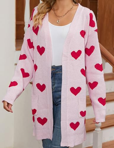 Yimoon Women Valentines Cardigan Sweater Love Heart Open Front Long Cardigan Oversized Chunky Knit Sweaters4