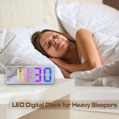 Image of Small Digital Alarm Clock, Mirror Surface LED Electronic Clocks with Large Display, Adjustable Brightness and Snooze Model for Bedroom, Desk, Office, White Case