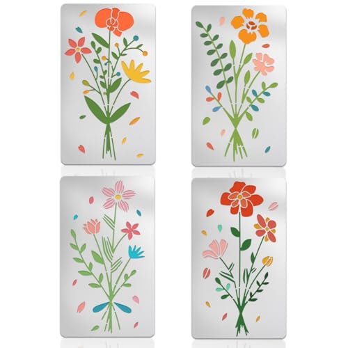 UNICRAFTALE 4 Stück Metallschablone Blumensträußen Schablonen Holzbrennen Edelstahl Wiederverwendbare Vorlage Vier Jahreszeiten Thema Blumenvorlage Für Heimwerker Scrapbooking Zeichnen Schnitzen