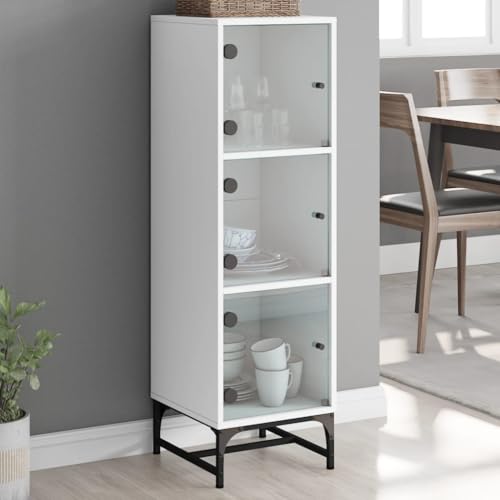 PUGYNBK Mobile alto bianco con ante in vetro, 120 cm, in legno, molto spazio per ordine e decorazione, con supporto da parete per la sicurezza.