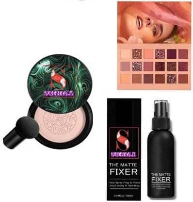 BB and CC Cream Foundation With Mushroom Head Air Cushion 20g and 1 The Matte Fixer with 1 Nude Eyeshadow Palatte- (Pack of 3)