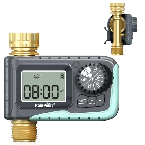 RAINPOINT Sprinkler Timer, 100% Metal Water Pipe Water Timer for Garden Hose, Programmable Hose Controller with Manual Watering/Rain Delay, Automatic Drip Irrigation System for Lawn, 1 Outlet