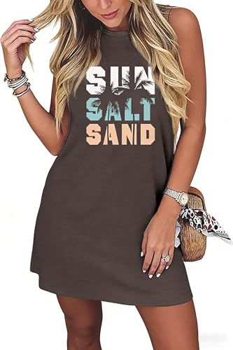 Image of Sun Salt Sand Coconut Tree Tank Mini Dress for Women Sleeveless Beach Praty Shirts Summer Vacation Short Mini Dresses