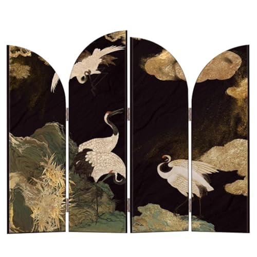 4 Panels Chinese Mini Screen For TV Cabinet, Mountain Crane Pattern Folding Decorative Painting, Living Room Art Ornaments, Birthday Gift(Black A,36 * 40cm)
