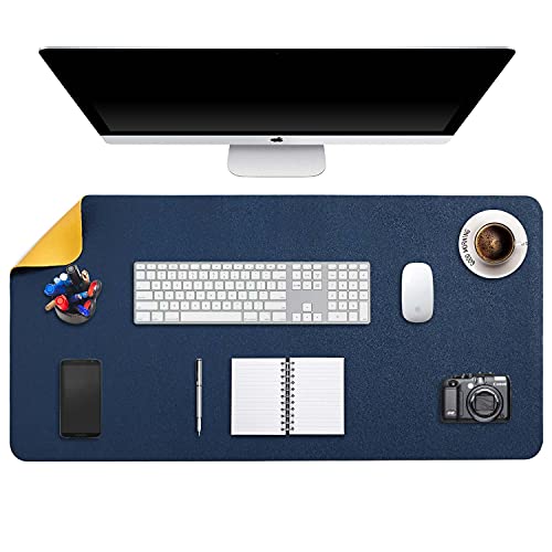 DOBAOJIA Tappetino per Mouse Grande, Mouse Pad XXL, Sottomano da Ufficio, Laptop Tappetino, Tappetino Scrivania, Tappetino Scrittura, Uso Doppio Lato Simipelle PU Impermeabile 90x43cm Blu Navy/Giallo