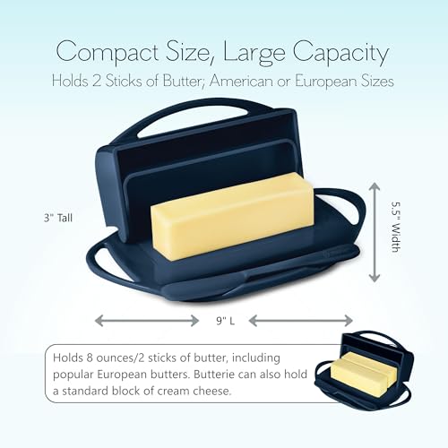 Image of Butterie Flip Top Butter Dish with Attached Lid & Matching Knife - Holds 2 Sticks, Fits Kerrygold /European Butter - BPA Free & Dishwasher Safe - Navy