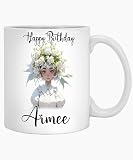 Personalized Name Happy Birthday Name Aimee 11oz White Mug Mug with Flowers, Custom Name Floral Birthday Gift for Her, Girl, Sister, Mom 294483