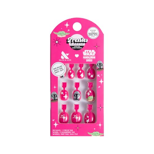 Olive & June Pressies Kids Press-On Nails (No Glue) | Star Wars: The Mandalorian & Grogu | 28 Fake Nails 14 Sizes 1 Nail File | Easy On-Off Mani Non-Toxic Tabs | XS/S Round | Raspberry Rebel Run