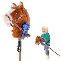 Greeily Hobby Horse, 30\" to 50\" Stick Horse for Cowboys Plush Handcrafted Hobby Horse on a Stick Real Pony Neighing and Galloping Sounds Sturdy Stainless Steel Pole with Lighting Wheels Sponge Grip