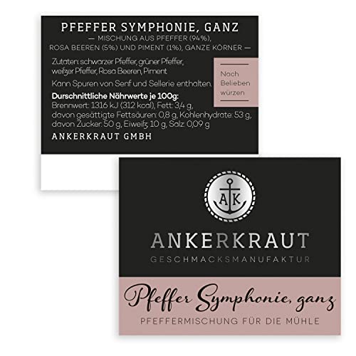Ankerkraut Pfeffer-Symphonie, ganze Körner für die Mühle, 140g im Beutel, Pfeffer-Mix zum Würzen mit Geschmack & Aroma, für Fleisch Salat Suppen & mehr