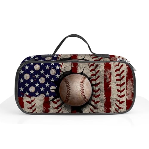 ROVOZAR Baseball Pencil Case American Flag Baseball Pencil Box for Kids Pen Bag Large Capacity Sport Pen Pouch with Zipper Compartments for School Office