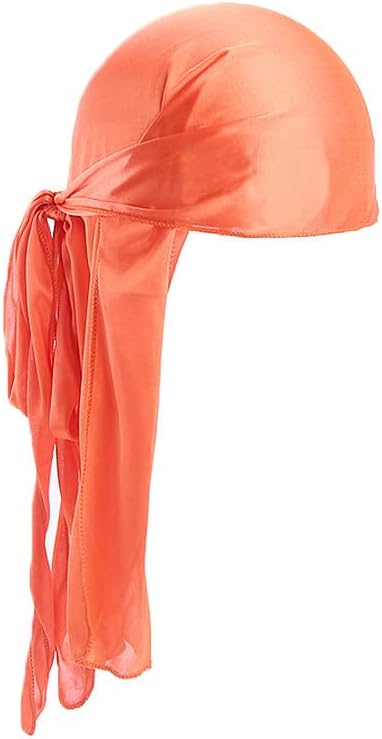 Unisex Silky Long Tail Durag, Pirate Hat Turban Headwrap for Women and Men with Fashion Bandana Design and Hijab Hair Accessories(Orange)