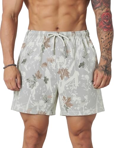 Flygo Men's Graphic Print Camo Shorts Fashion Designer Workout Shorts Retro Casual Cool Streetwear Short Pants(01MapleLeafGrey-M)