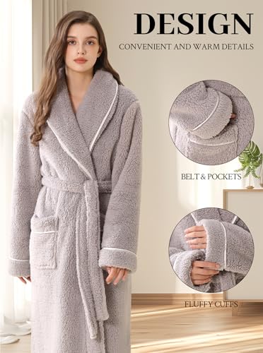 Image of Women Long Plush Fleece Bath Robe | Soft loungewear housecoat, comfy sleepwear for home, suitable as ladies pajamas and nightgown