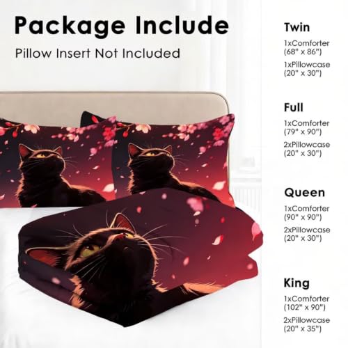 Image of Cat Cherry Blossom Comforter Set Full Size Floral Print Bedding Set | Romantic Red Gradient Sky Sakura Bedding Set for Women Girls, 3 Pieces Soft Washable All Season Bed Set for Bedroom Decor