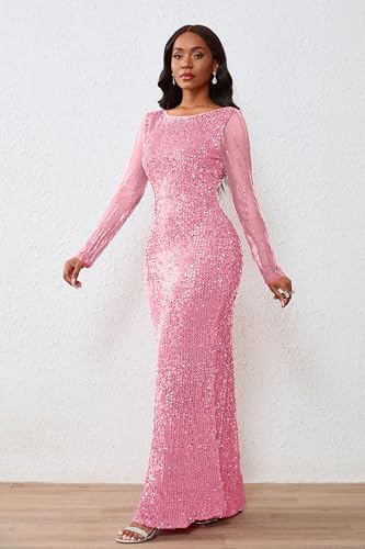 Image of VERWIN Women's Sequins Bodycon Round Neck Long Sleeve Sparkly Mermaid Maxi Dress for Casual Party Cocktail